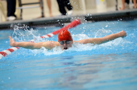 Sophomore Mark Freidhoff swims butterfly at districts.