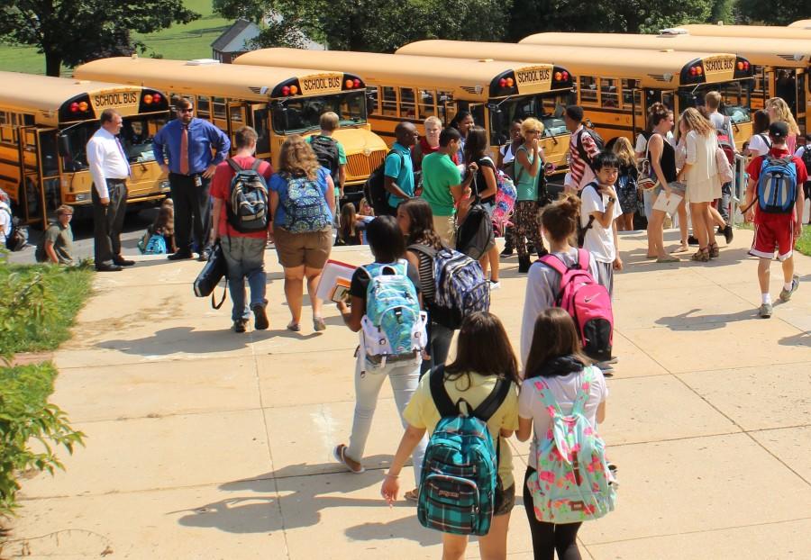 Students head to the buses after their first week.