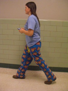 Photo by: Grace Burns Sophomore Shannon Berg wears her "super" pants in honor of Superman. 