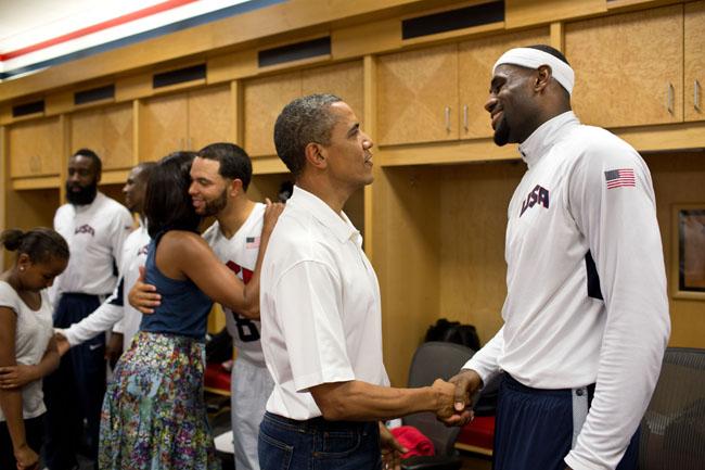 President Obama shaking hands with Lebron james and the rest of the United States olympic team. Photo By: Wikimedia