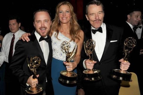 Aaron Paul, Anna Gunn, and Bryan Cranston pose with their Emmy's. Courtesy of IndyTV.