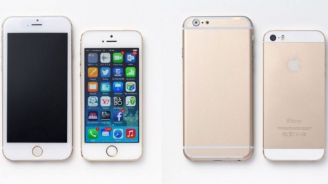 The new line of Apple phones, with the iPhone 6 next to the larger iPhone 6 Plus.