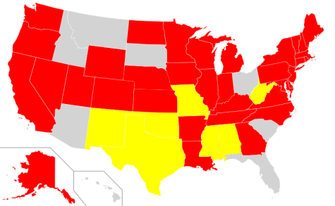 This map of the United States shows that the red states have anti-texting laws for all drivers, yellow states have anti-texting laws for new drivers, and gray states have no laws in place. Photo by Blank_US_Map.svg: User:Theshibboleth (original map) -- derivative work by User:Shadowlink1014 (Blank_US_Map.svg) [CC-BY-SA-3.0 (http://creativecommons.org/licenses/by-sa/3.0/) or GFDL (http://www.gnu.org/copyleft/fdl.html)], via Wikimedia Commons