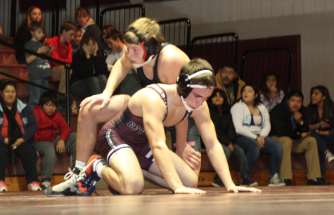 Senior Collin Riley prepares to wrestle his opponent. Photo by Mike the reporter