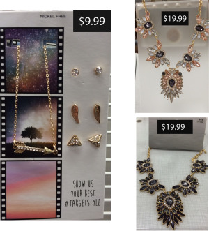 Statement pieces necklaces and earrings line the walls of Target from $10 to $20. Photo by Kerrie DeFelice.