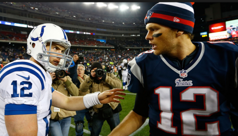 Andrew Luck shakes hands and congratulates Tom on the victory. Photo by Huffington Post.
