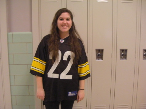 Kristy Smith wears her Steelers jersey for sports day.