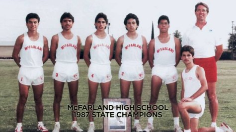 The original 1987 cross country team poses for a picture after they won the California state championship.  Photo via: HISTORYVSHOLLYWOOD.com, http://www.historyvshollywood.com/reelfaces/mcfarland-usa/