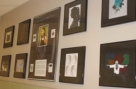 A display of Lynch's work can be found on the walls entering into the library. 