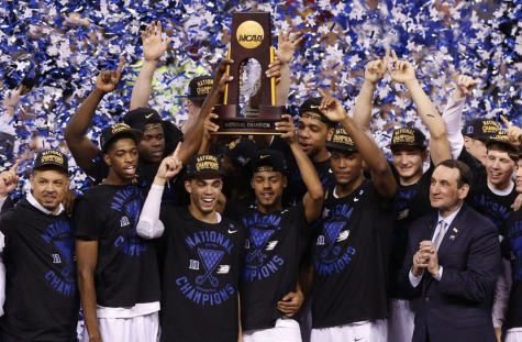 Coach K and team after winning his fifth NCAA championship title.
