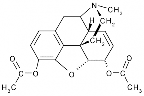The chemical structure (C21H23NO5) of heroin.  Photo By:  Wikimedia Commons