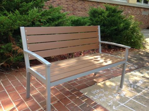 A new bench adds a modern feel to the courtyard. Photo By: Grace Burns