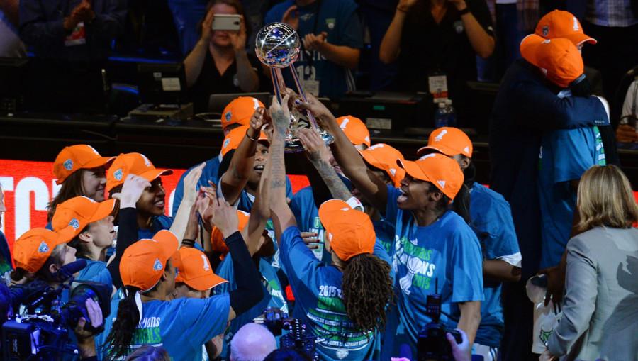 The Minnesota Lynx celebrate their 2015 WNBA Championship at Target Center on Wednesday, October 14, 2015. The Lynx beat the Fever, 69-52, to claim the 2015 WNBA Championship.  (Pioneer Press: John Autey)