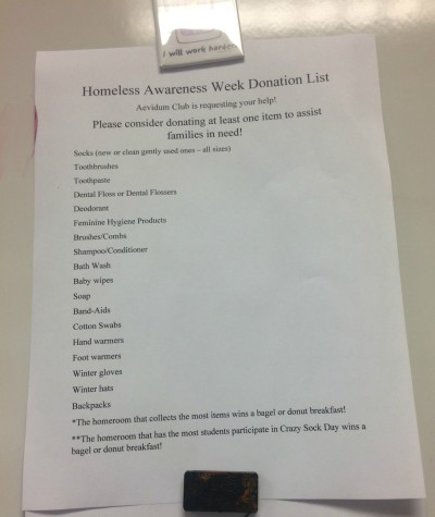 The list of items for students to donate was placed around the school.
