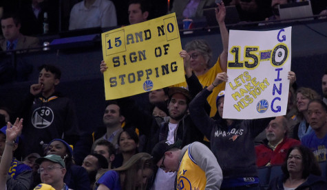 Fans hang up signs cheering on warriors record breaking game. Photo by Thearon W. Henderson/Getty Images.