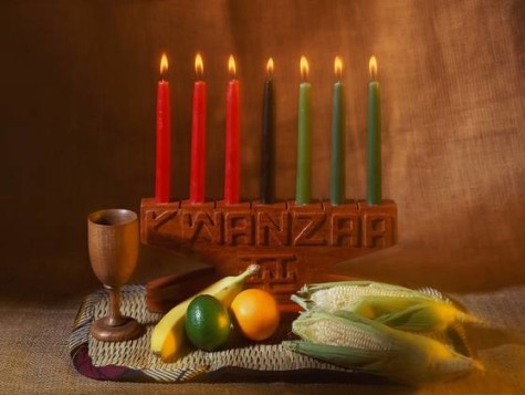 A Kwanzaa candleholder holds the seven candles, one for each day of the holiday.