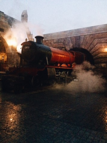 The Hogwarts Express has just entered Hogsmeade in Orlando's theme park.