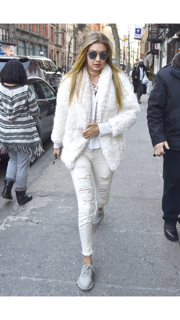 Hadid working her all white outfit.
