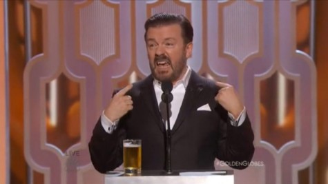 Ricky Gervais delivers his opening monologue. Ugh. Still courtesy NBC.