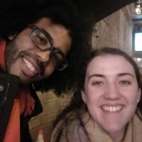 Daveed Diggs poses with Duffy at the Hamilton stage door.