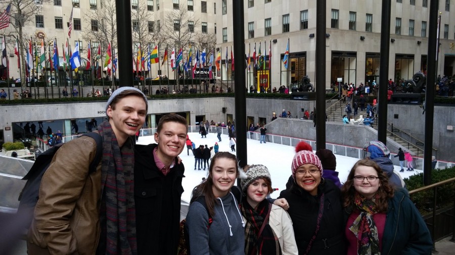 A group of Susky students poses in front of the Rink at Rockefeller Center in NYC on Friday.