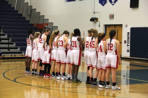 Girls basketball lines up for the national anthem
