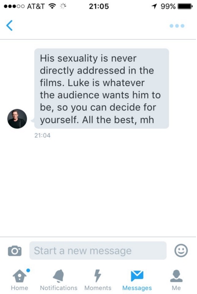 Actor Mark Hamill, i.e. everyones favorite Jedi Luke Skywalker, responded to junior Addie Achterbergs question in a direct message on Twitter.