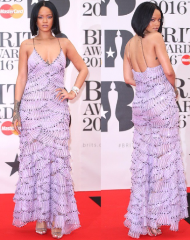Rihanna's Armani Prive dress features playful layers and ruffles in a beautiful lilac color. Photo By: Courtesy of the Brit Awards O2 Arena in London