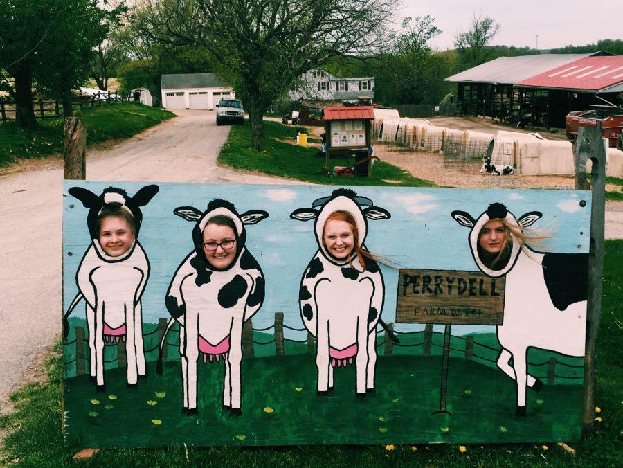 (From left to right) Juniors Taylor Kopp, Rachel Sergent, Emily Rivers, and Monika Rostekkuwazaki pose with each other at Perrydell Farm.  Photo Courtesy: Rachel Sergent