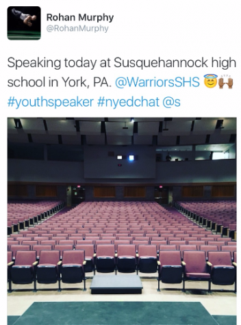 Rohan Murphy told his story to the students of Southern Middle and Susquehannock High School on Friday, April 29. Photo by @RohanMurphy via Twitter.