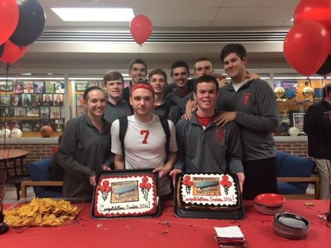 Photo by: Abby Deter Boys Volleyball seniors pose during the senior night party.