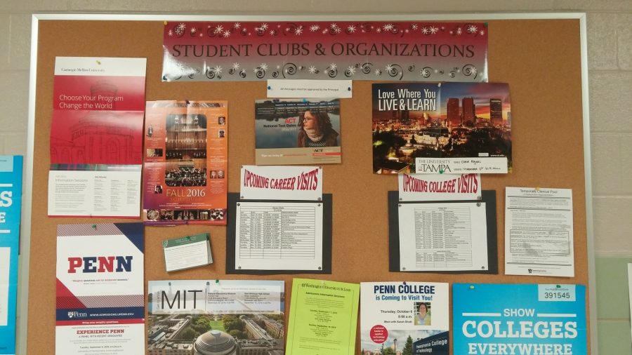 College information hangs in the hallway outside of the guidance office. Photo by: Ariel Barbera