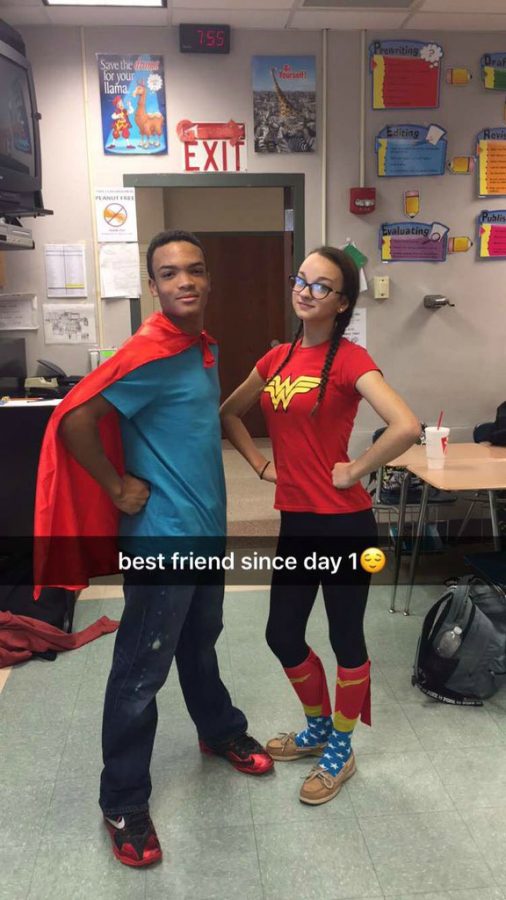 Sophomores Darien Gray and Ella Wetzel pose together as superheroes last Wednesday. 