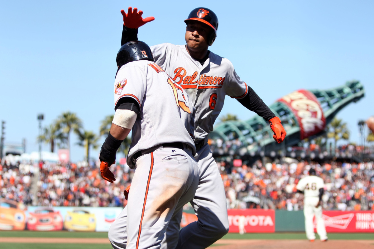 Manny Machado and Johnathan Schoop celebrate go-ahead home run. Photo from USA Today