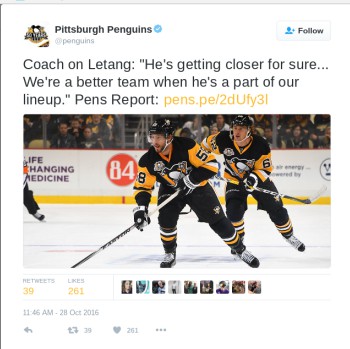 Photo of player Kris Letang courtesy of the Pittsburgh Penguin twitter account 