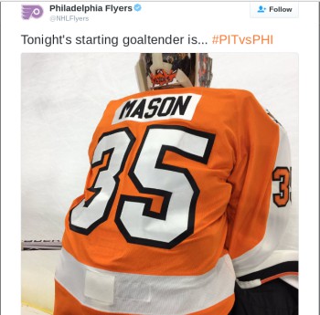 Photo of the back of Flyer's goalie Steve Mason. Photo courtesy of Philadelphia Flyers twitter account 