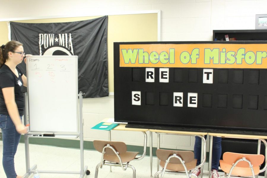 Students try to guess the word at Wheel of Misfortune.