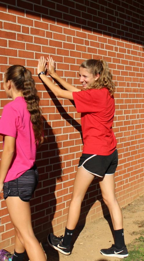 Freshman Desiree Witmer does wall stretches with sophomore Kylee Galante.