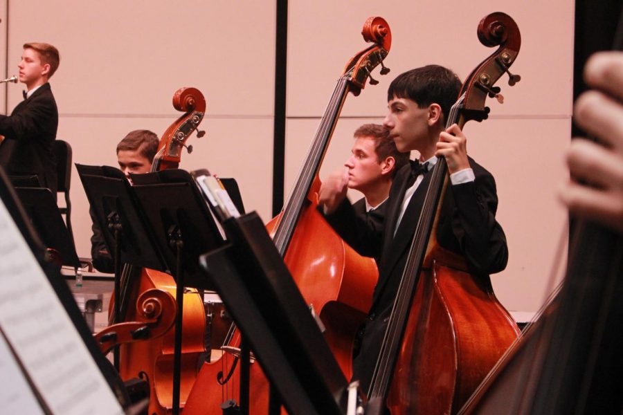 Orchestra players listen to notes before the concert begins. 