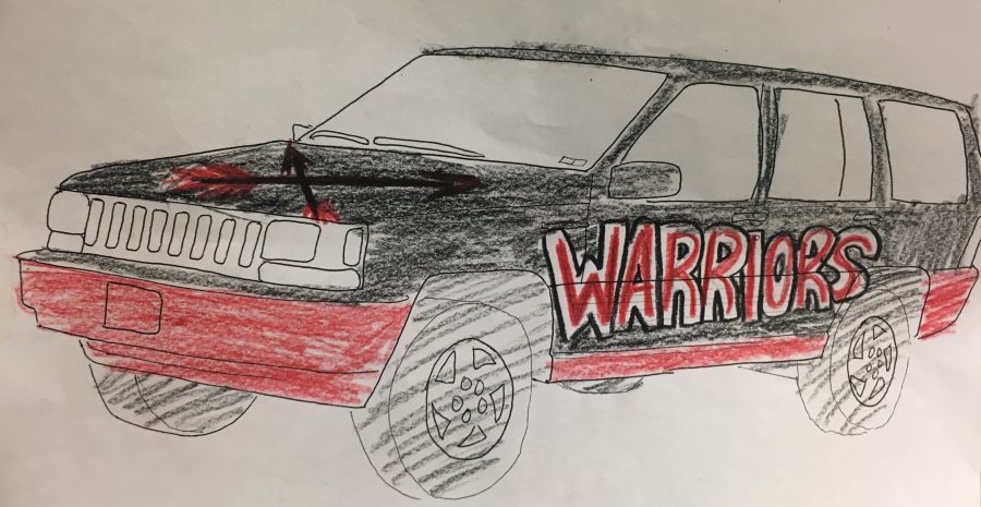 Warrior logo printed on the side of the car with two spear on the hood designed by an Art Student.