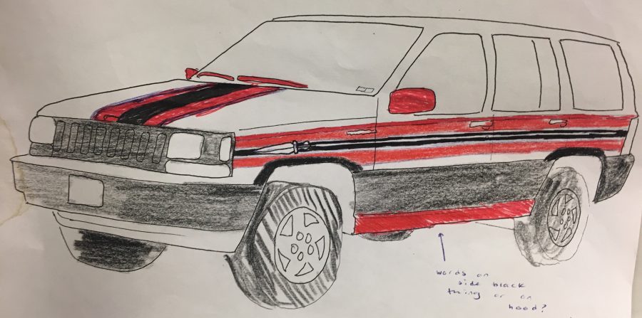 Jeep designed by an Art Student with the Susquehannock colors and a spear on the side of the door. 