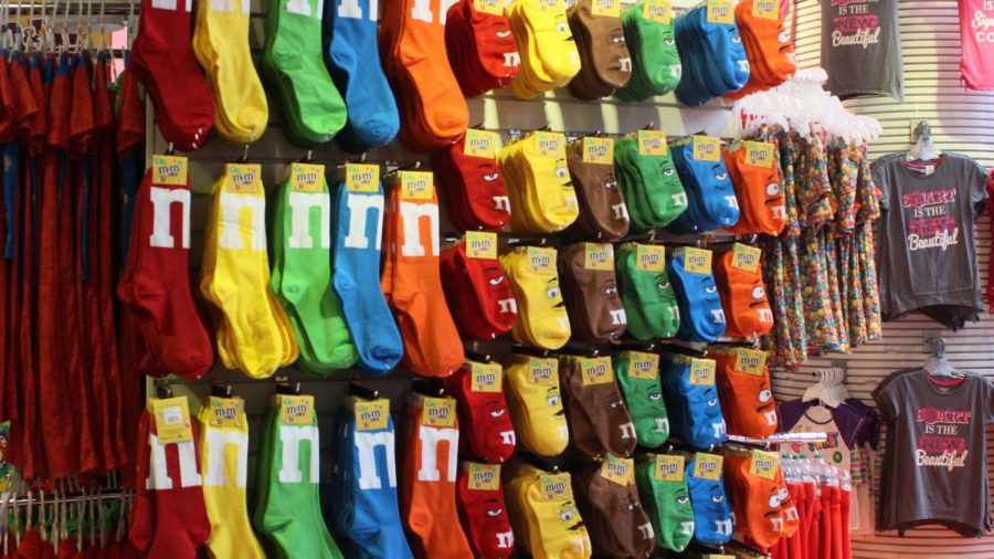 The M&M store has so many creative merchandise like fancy M&M socks, shirts and hats.