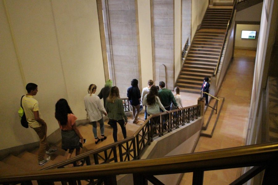 French Language students exit the museum after their tour.