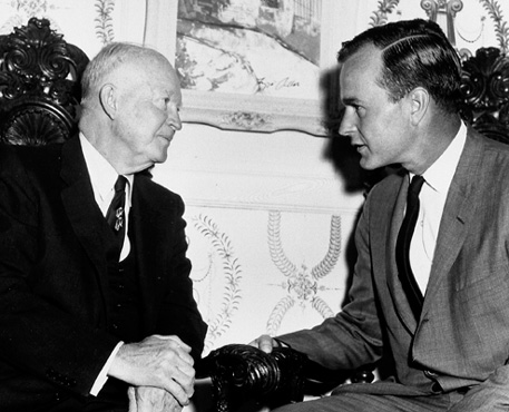 George H.W. Bush speaking to former Army General and statesmen Dwight D. Eisenhower. 
via Wikimedia Commons 