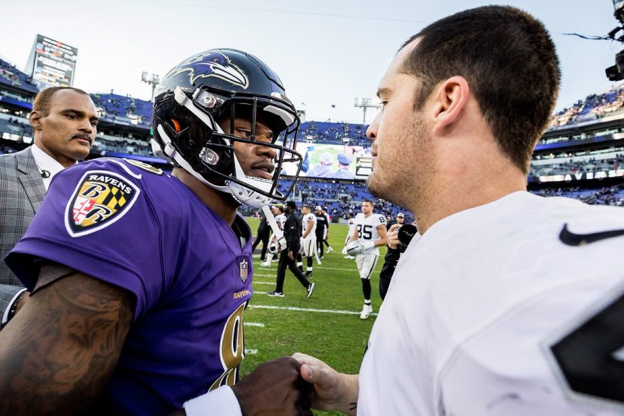 Ravens quarterback Lamar Jackson meets with fellow Raiders quarterback Derek Carr after the game. Photo courtesy of
via @derekcarrqb on Twitter 