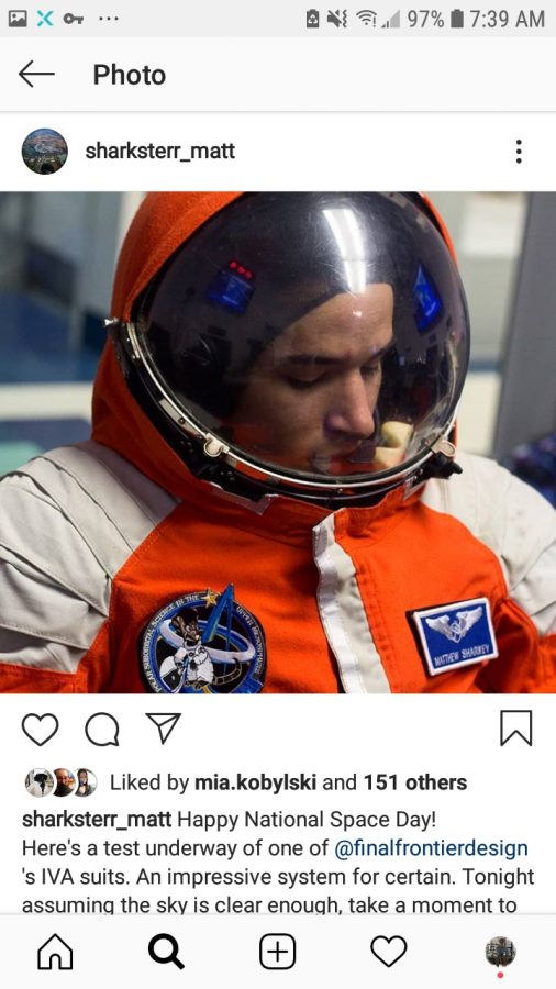 Sharkey tries on a space suit at Project PoSSUM Advanced Space Academy, Photo courteous of @sharksterr_matt on instagram