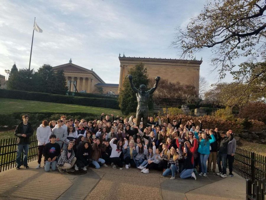 AP US History students pose with the Rocky Statue at the Philadelphia Museum of Art. Photograph Courtesy of Andrew Warren
