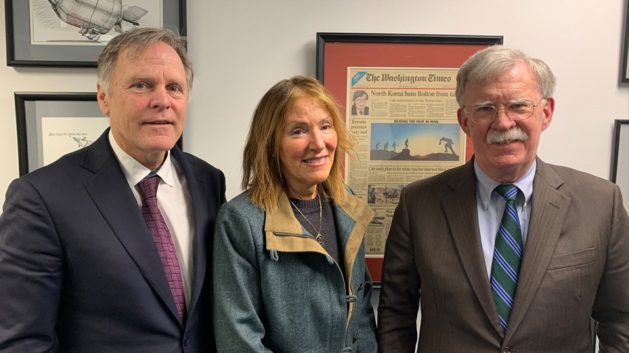 John Bolton (right)  poses with Fred and Cindy Warmbier. Photograph Courtesy of @AmbJohnBolton on Twitter