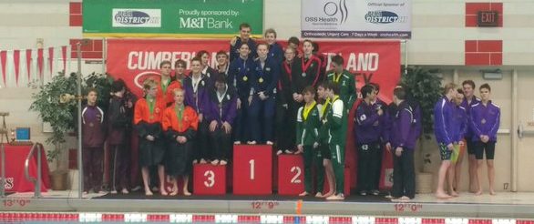 Warriors take silver in the 400 free relay and set a new school record with a time of 3:19.06. Photo via @SuskyWarriors on Twitter.