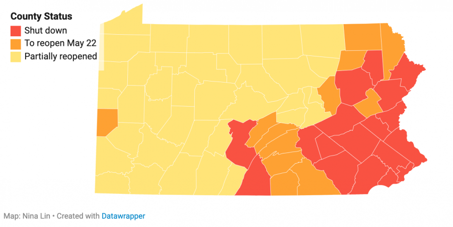 This is the most recent map of the counties schedule to reopen. Screenshot via NBC Philadelphia